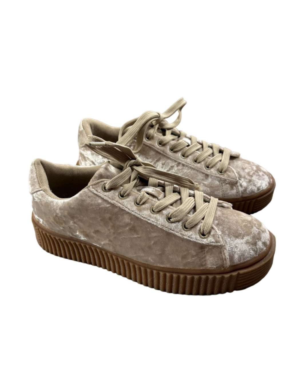 Misbehave Crushed Velvet Platform Sneakers Tan Champagne Soft Grunge Y2K